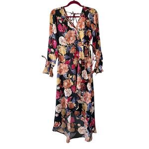 Band of the Free Black Berry Floral Print Surplice Hi-Low Midi Dress Size Small